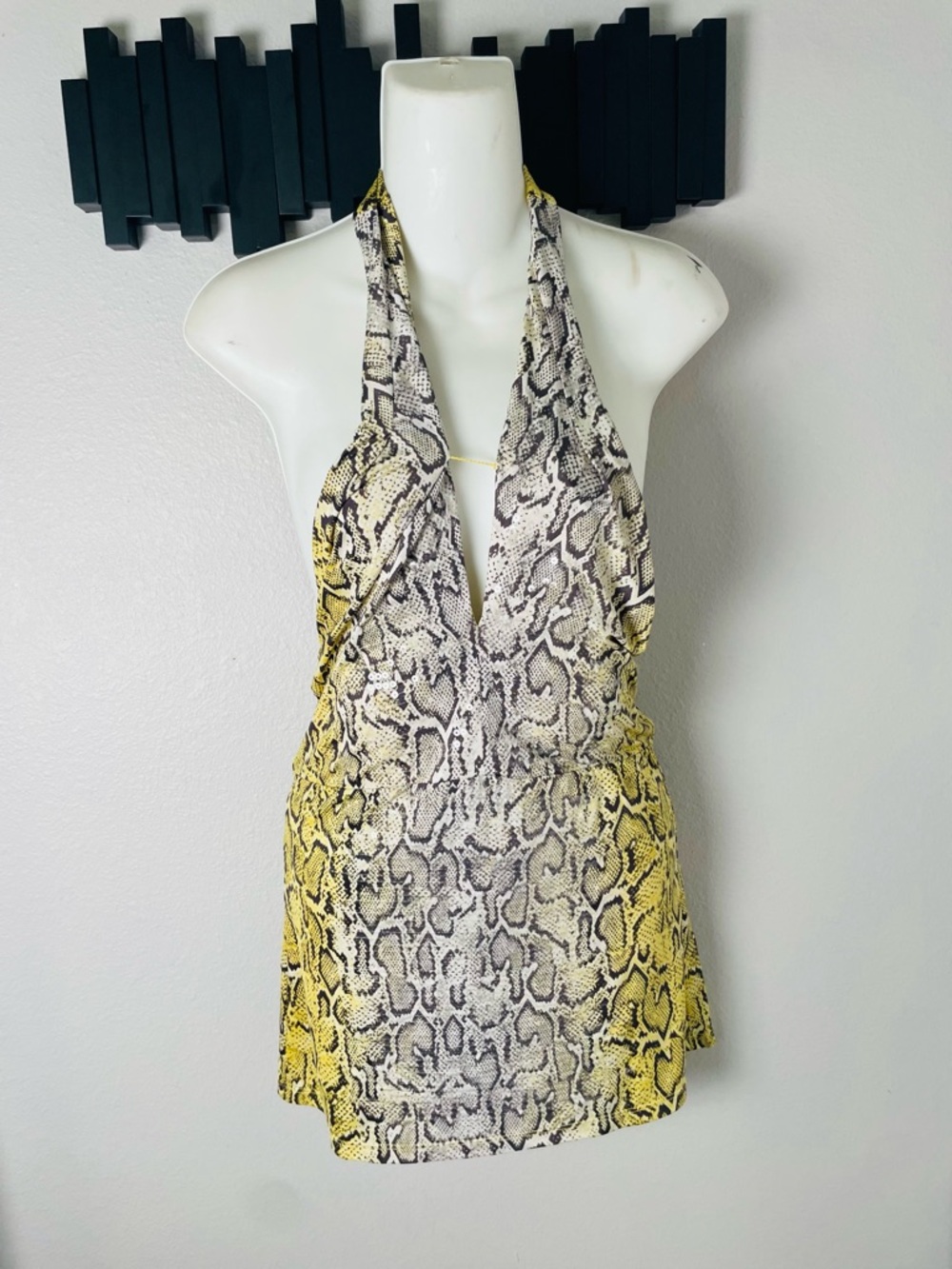 Y2K Cache Yellow & White Snake Skin Print  Sequins Halter Top Womens Size S